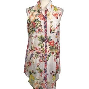 Cyrena Shirt Dress Women L Red Blue Floral Plaid Sleeveless Beach Resortwear‎